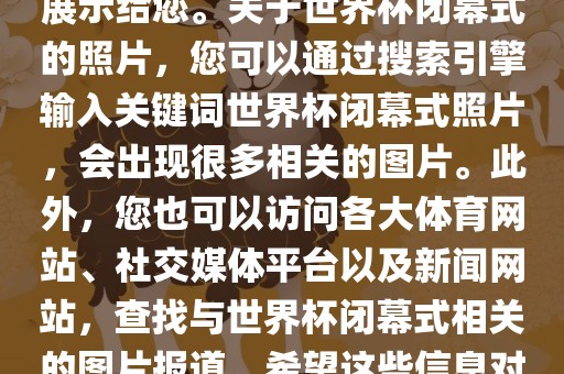 由于照片是静态的，无法直接展示给您。关于世界杯闭幕式的照片，您可以通过搜索引擎输入关键词世界杯闭幕式照片，会出现很多相关的图片。此外，您也可以访问各大体育网站、社交媒体平台以及新闻网站，查找与世界杯闭幕式相关的图片报道。希望这些信息对您有所帮助。