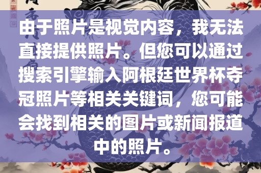 由于照片是视觉内容，我无法直接提供照片。但您可以通过搜索引擎输入阿根廷世界杯夺冠照片等相关关键词，您可能会找到相关的图片或新闻报道中的照片。衡水勇创橡塑制品有限公司