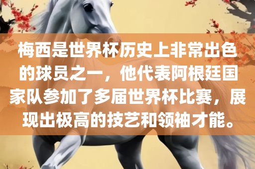 梅西是世界杯历史上非常出色的球员之一，他代表阿根廷国家队参加了多届世界杯比赛，展现出极高的技艺和领袖才能。