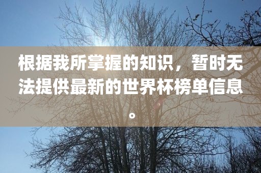根据我所掌握的知识，暂时无法提供最新的世界杯榜单信息。