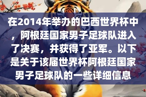 在2014年举办的巴西世界杯中，阿根廷国家男子足球队进入了决赛，并获得了亚军。以下是关于该届世界杯阿根廷国家男子足球队的一些详细信息衡水勇创橡塑制品有限公司