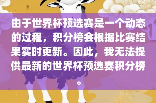 由于世界杯预选赛是一个动态的过程，积分榜会根据比赛结果实时更新。因此，我无法提供最新的世界杯预选赛积分榜。