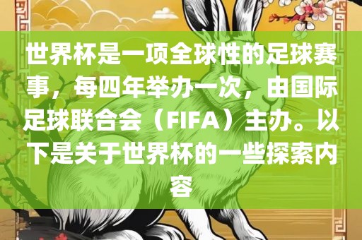 世界杯是一项全球性的足球赛事，每四年举办一次，由国际足球联合会（FIFA）主办。以下是关于世界杯的一些探索内容