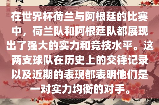 在世界杯荷兰与阿根廷的比赛中，荷兰队和阿根廷队都展现出了强大的实力和竞技水平。这两支球队在历史上的交锋记录以及近期的表现都表明他们是一对实力均衡的对手。衡水勇创橡塑制品有限公司