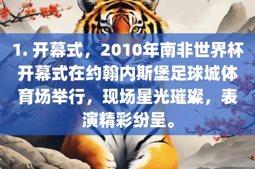 1. 开幕式，2010年南非世界杯开幕式在约翰内斯堡足球城体育场举行，现场星光璀璨，表演精彩纷呈。